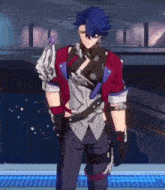 a man with blue hair and a red jacket is standing in a room holding a gun .