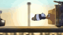 a cartoon of a panda bear flying through the air next to another bear