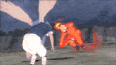 a cartoon of naruto and sasuke fighting with a red tail
