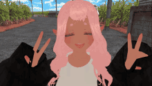 a girl with pink hair and a white shirt is giving a peace sign