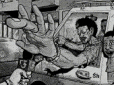 a black and white drawing of a man being thrown out of a car with the word videoshow on the bottom