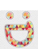 a colorful smiley face made of triangles with circles around the eyes