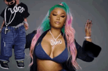 a woman with pink hair and a necklace that says ohhh