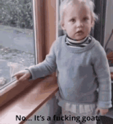 a little girl is standing in front of a window and pointing at it .