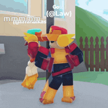 a cartoon character is standing in front of a fence and a sign that says gosc @law