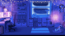 a pixel art drawing of a girl sitting at a desk in front of a computer