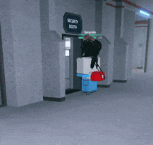 a cartoon character is standing in a hallway with a security booth in the background