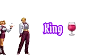 a man and a woman are dancing in front of the word king and a glass of wine