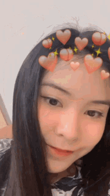 a girl with hearts on her head looks at the camera