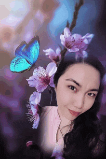 a woman is surrounded by flowers and butterflies in a painting