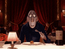 a cartoon character sitting at a table with a bottle of wine