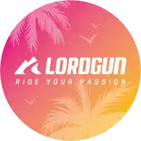 a logo for lordgun with palm trees and birds in the background