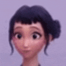 a close up of a cartoon character 's face with a bun on her head .
