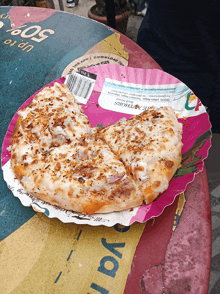 a pizza on a paper plate that says 50 % off on it