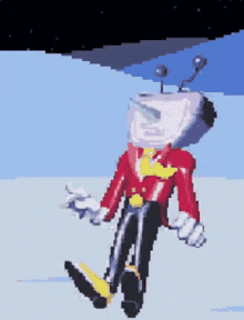 a pixel art of a man with a head that looks like a mickey mouse