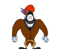 a pixel art of a cartoon character with one eye and a hat