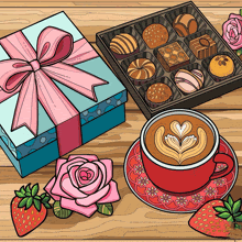 a box of chocolates sits next to a cup of coffee on a saucer
