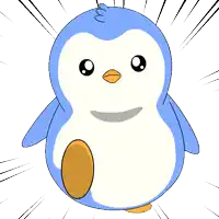 a blue and white penguin with an orange beak and feet