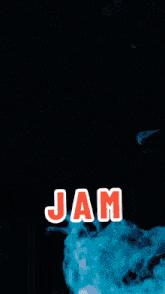 a blue background with a picture of a girl and the word jam