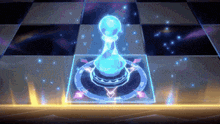 a chess piece is glowing in the dark on a checkered board .