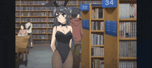 a girl in a bunny suit is standing in a library next to a sign that says 34