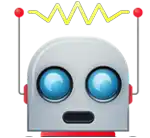 a robot with blue eyes and a yellow crown on its head