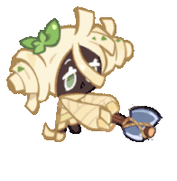 a cartoon drawing of a mummy holding an axe