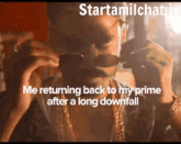 a man wearing sunglasses is smoking a cigarette and says me returning back to my prime after a long downfall .
