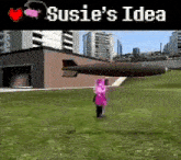 a girl in a pink dress is standing in a field with a bomb flying overhead .