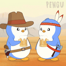 a cartoon of two penguins one wearing a cowboy hat and the other wearing a native american headband