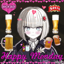 a picture of a girl surrounded by beer mugs and the words happy monday on the bottom