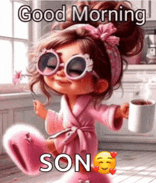 a little girl wearing sunglasses and a robe is holding a cup of coffee .