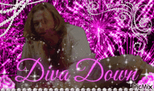 a picture of a woman with diva down written in pink
