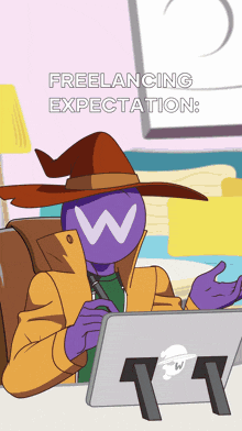 a cartoon character with a w on his face is sitting at a desk