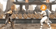 a video game scene with a man wearing a hat with a bitcoin symbol on it