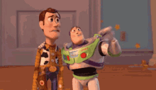 toy story buzz lightyear woody laughing looking