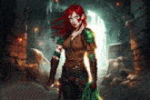 a woman with red hair and blood on her face is holding a sword