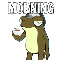a cartoon frog drinking a cup of coffee with the word morning written above it