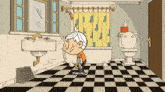 lincoln from the loud house is standing in a bathroom with a checkered floor