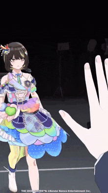 a girl in a colorful dress is holding an apple