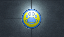 a blue and yellow circle with a planet in the middle