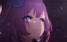 a purple haired anime girl with blue eyes