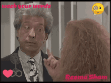 a man in a suit and tie is talking to a woman with the words wash your words written on the bottom