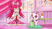 a cartoon of a girl with pink hair and a rabbit with a bow