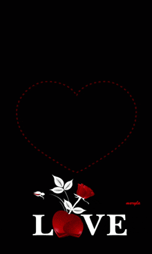 the word love is on a black background with red hearts and roses