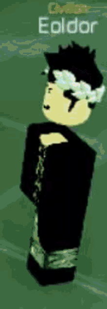 a cartoon character is standing in front of a green background and has the name eoldor on it .
