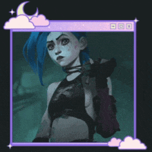 a cartoon character with blue hair and a purple frame around her
