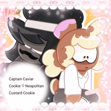 a couple of cartoon characters standing next to each other with the names captain caviar cookie neapolitan and custard cookie below them