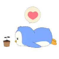 a blue penguin is laying down next to a potted plant