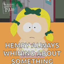 a cartoon of a girl with a bow in her hair and the words hemry always whining about something
